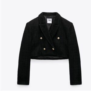 Zara Black Cropped Blazer with Gold Buttons tweed s